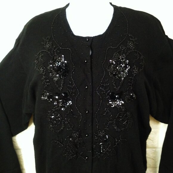 Vintage 80s Shek Embellished Beaded Cardigan Sweater (42) LambWool Angora Lined - Picture 2 of 11